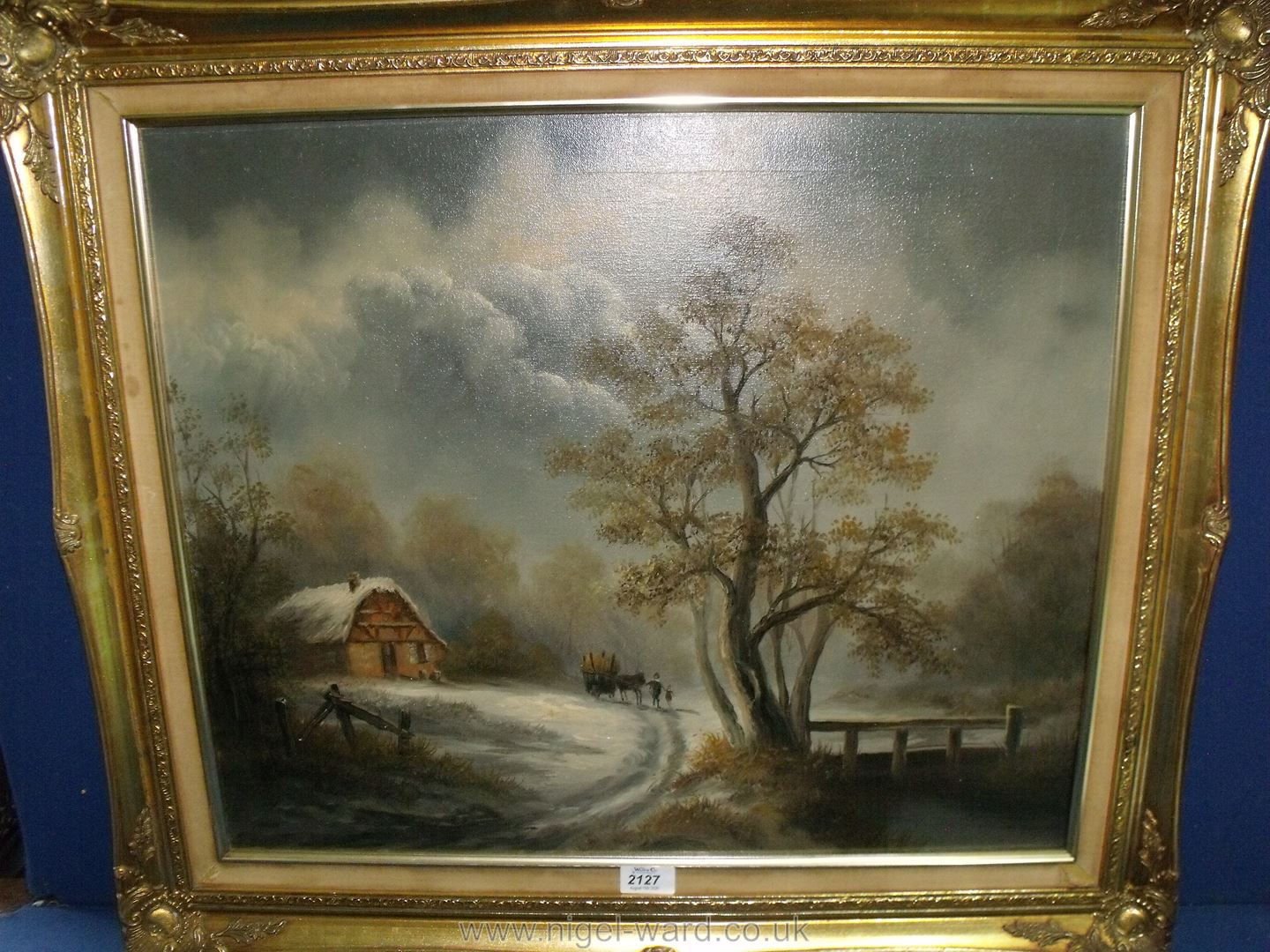 A 19th Century style Oil on canvas, rural scene with figures and hayrick.