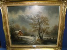 A 19th Century style Oil on canvas, rural scene with figures and hayrick.