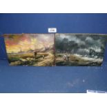 Two unframed unsigned Oils on canvas of figures on a beach at night with stormy seas, both a/f,