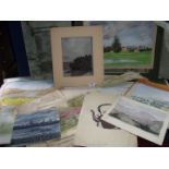 A folder of unframed watercolurs, pastels and drawings.