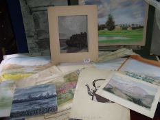 A folder of unframed watercolurs, pastels and drawings.