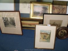 A box of pictures including signed etchings, drawings, etc.
