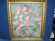 A large framed Oil on boards of flowers, unsigned, 24 1/2'' x 28 1/2''.