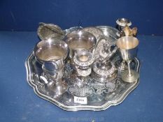 Two plated urn vases, rose bowl with glass liner, jam dish with sliding lid, coaster, ashtray,