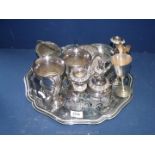 Two plated urn vases, rose bowl with glass liner, jam dish with sliding lid, coaster, ashtray,