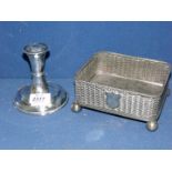 A Mappin Bro's (222 Regent Street) silver plate, basket weave, square container on ball feet,
