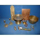 A box of brass and copper to include an antique oriental tazza,