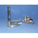 A small quantity of silver plate to include cruet set with blue glass lining, unett platem, trivet,