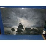 An unframed, unsigned Oil on board of men in a rowing boat at night on stormy seas, 36'' x 24''.