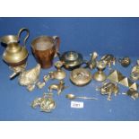 A quantity of brass items including ducks, frogs, crocodile can opener, mall candlesticks, ash tray,