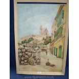 An Oil on canvas mediterranean street scene with figure mending nets, signed.