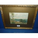 A David Cox Watercolour depicting cows and a figure, framed and mounted.