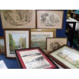 A quantity of paintings including a framed watercolour signed Jean Lowe 'Flood Water','Rooftops',