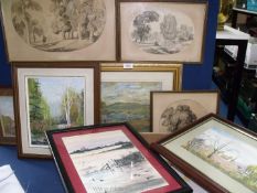 A quantity of paintings including a framed watercolour signed Jean Lowe 'Flood Water','Rooftops',