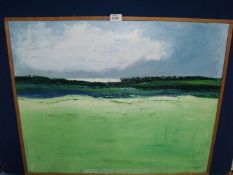 An Oil on canvas, coastal scene in abstract style titled 'Long Island'.