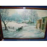 A framed , unsigned oil on canvas of a horse drawn sledge with figure and buildings,
