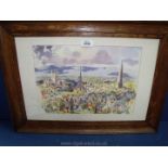 A framed and mounted watercolour of figures looking over a city landscape, initialed lower right M.