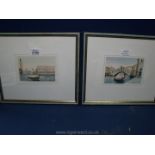 Two watercolours of Venice featuring gondoliers, canals and Venetian buildings in both,
