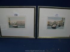 Two watercolours of Venice featuring gondoliers, canals and Venetian buildings in both,