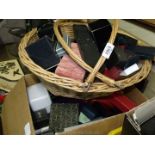 A box of jewellery boxes together with a basket of jewellery boxes.