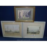 A small watercolour of Worcester Cathedral by Monica Wood along with two framed watercolours by C.
