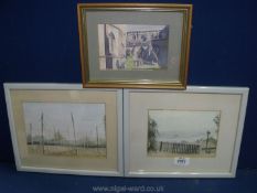 A small watercolour of Worcester Cathedral by Monica Wood along with two framed watercolours by C.