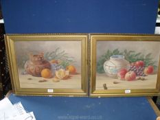 A pair of unsigned Oils on board of fruit and vases, 21 1/2'' x 17 1/2''.