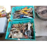 Two crates of garden shears, slate cutter, hand fork etc.