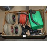 Extension lead, petrol can, casters and trolley wheels.