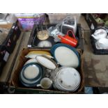 Two boxes of part dinner services, bathroom scales, electric heater etc.