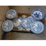 Box of various blue and white dinner china.