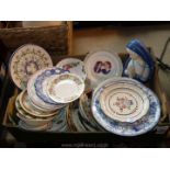 Box of dinnerware plate commemorative and religious figurine.