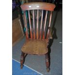 Farmhouse fireside chair, one arm missing.