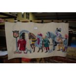 Felt and stitchwork tapestry of medieval scene.