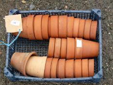 Crate of mostly terracotta plant pots.
