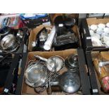 Two boxes of stainless steel cooking pans, toaster, coffee maker etc.