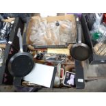 Two boxes of various drinking glasses, cutlery, frying pans etc.