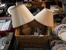 Seagrass basket and two table lamps.