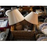 Seagrass basket and two table lamps.