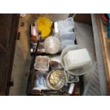 Two boxes of kitchenware including plastic tubs, jelly moulds, dusters etc.