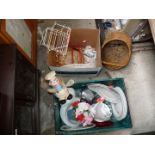 Two boxes of misc. including china, chef utensil figure, wicker basket and metal frames.