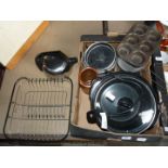 Box containing slow cooker, kettle, muffin dishes, baking trays, etc.