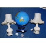 Globe and pair of table lamps.