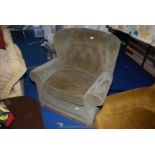 Button back velour finish wing armchair (requires cleaning).