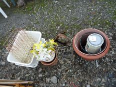 Quantity of plastic planters, wire baskets and cobblers last.