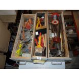 Three drawers of various decorating brushes, metal ware, ironmongery, etc.