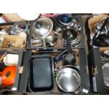 Two boxes of stacking steamer stainless steel saucepans, frying pan and sandwich press.