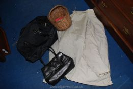 Ladies rain jacket, handbags, wicker basket etc.