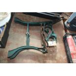 Pair of green wrought iron bench ends.