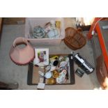 Two boxes of kitchen china, glassware, wicker basket, table lamp etc.